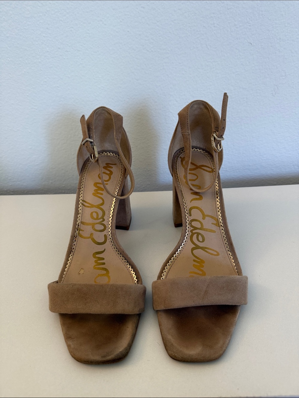 Sam Edelman Tan Suede Block Heel Sandals with Ankle Strap Women’s Size 8